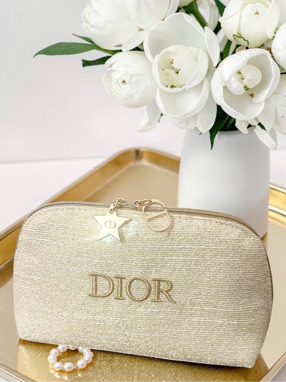 DIOR Gold Metallic Luxury Cosmetic Bag & Travel Pouch With Star & Logo Charm